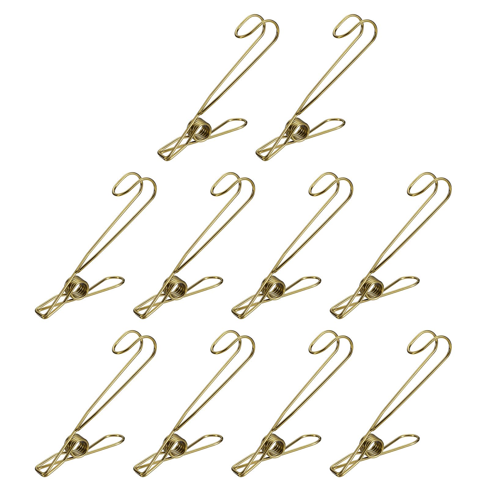 uxcell 20Pcs Clothespin with Hook Stainless Steel Universal Hanging Clips for Laundry Clothes Display Photo Storage Item (92mm Gold)