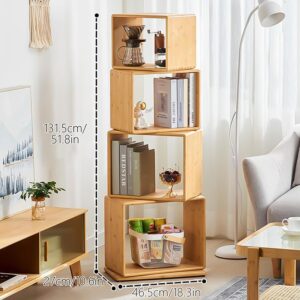 4-Tier Modern Rotating Bamboo Bookcase, DIY Free-Standing Bookshelf Large Capacity Creative Open Book Cabinet, 2 in 1 Nightstand Storage Organizer Lattice Shelf for Home, Office, Living Room, 4-Cube