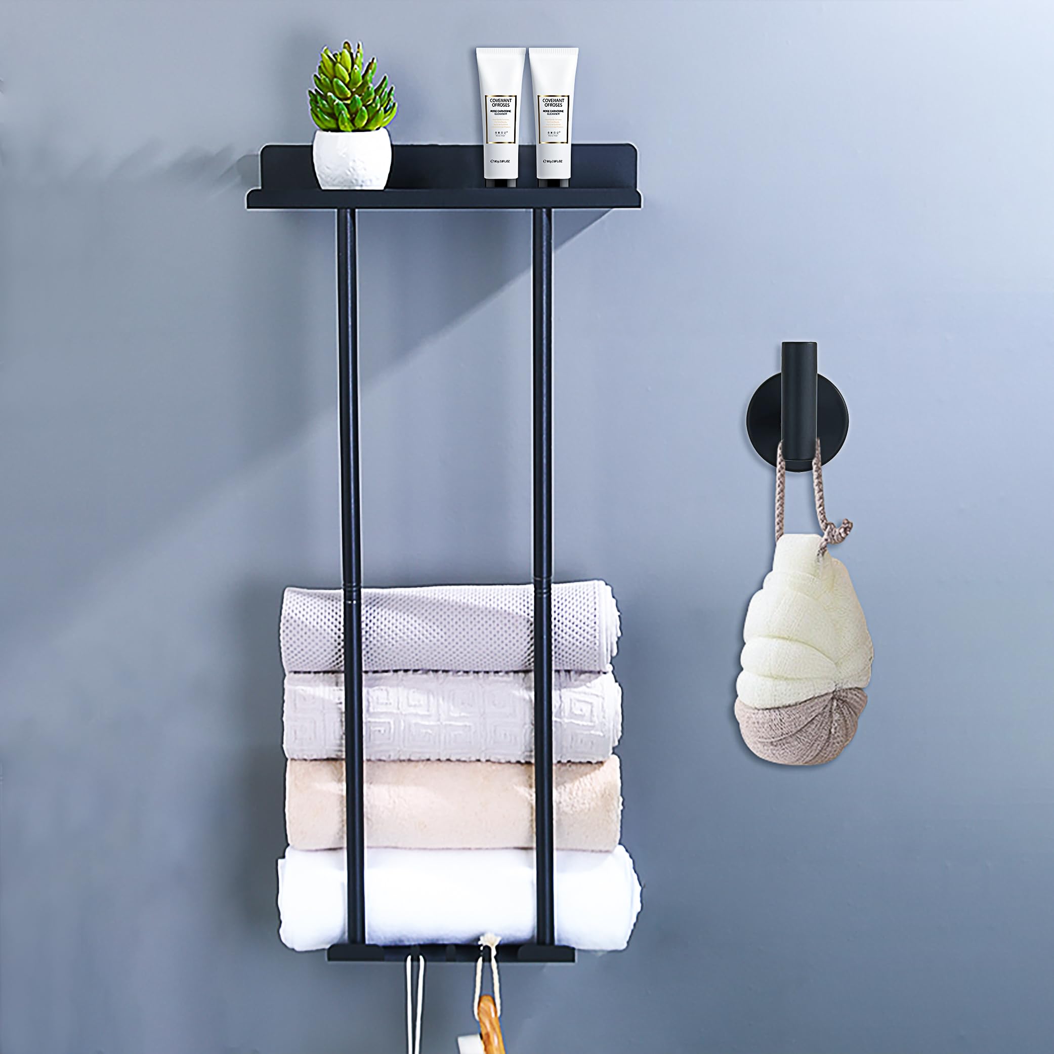 LIHOBI Towel Racks for Bathroom Wall Mounted, 15-30'' Adjustable Towel Holder with Shelf, 3 Hooks, and for Rolled Towels, Towel Storage for Bathroom Organizer, Black