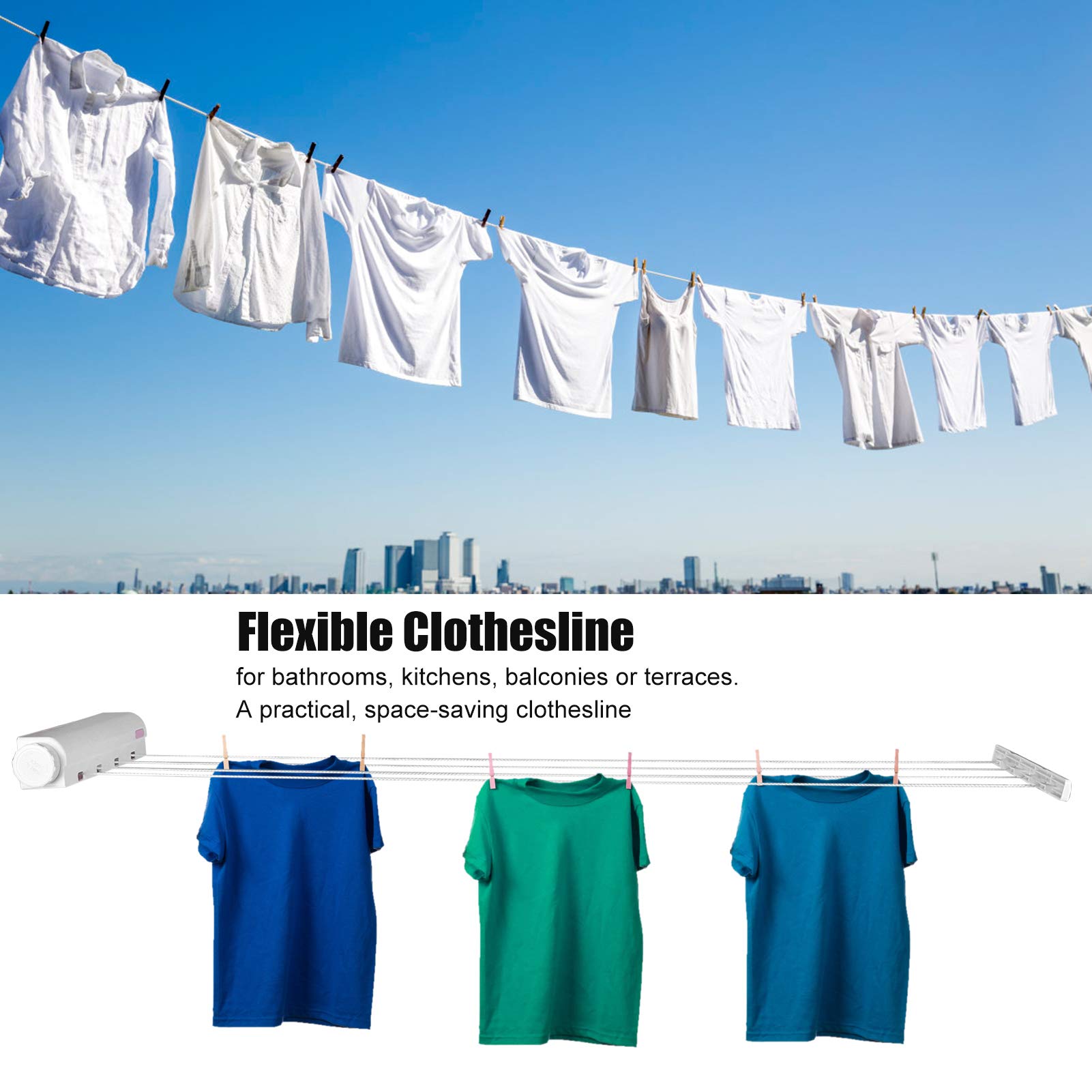 Estink Telescopic Clothesline, Retractable Clothes Drying Rope Hanger Drying Laundry Line with 4 Lines Dryer Lines Wall Mounted Drying Rack Clothing Line for Indoor Outdoor Supplies