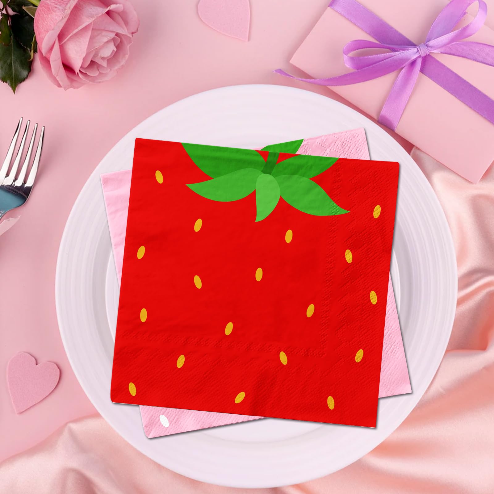 Strawberry Birthday Decorations,40pcs Strawberry Party Napkins Pink and Red Berry Sweet One Napkins for Strawberry Party Berry Sweet Baby Shower Party Supplies