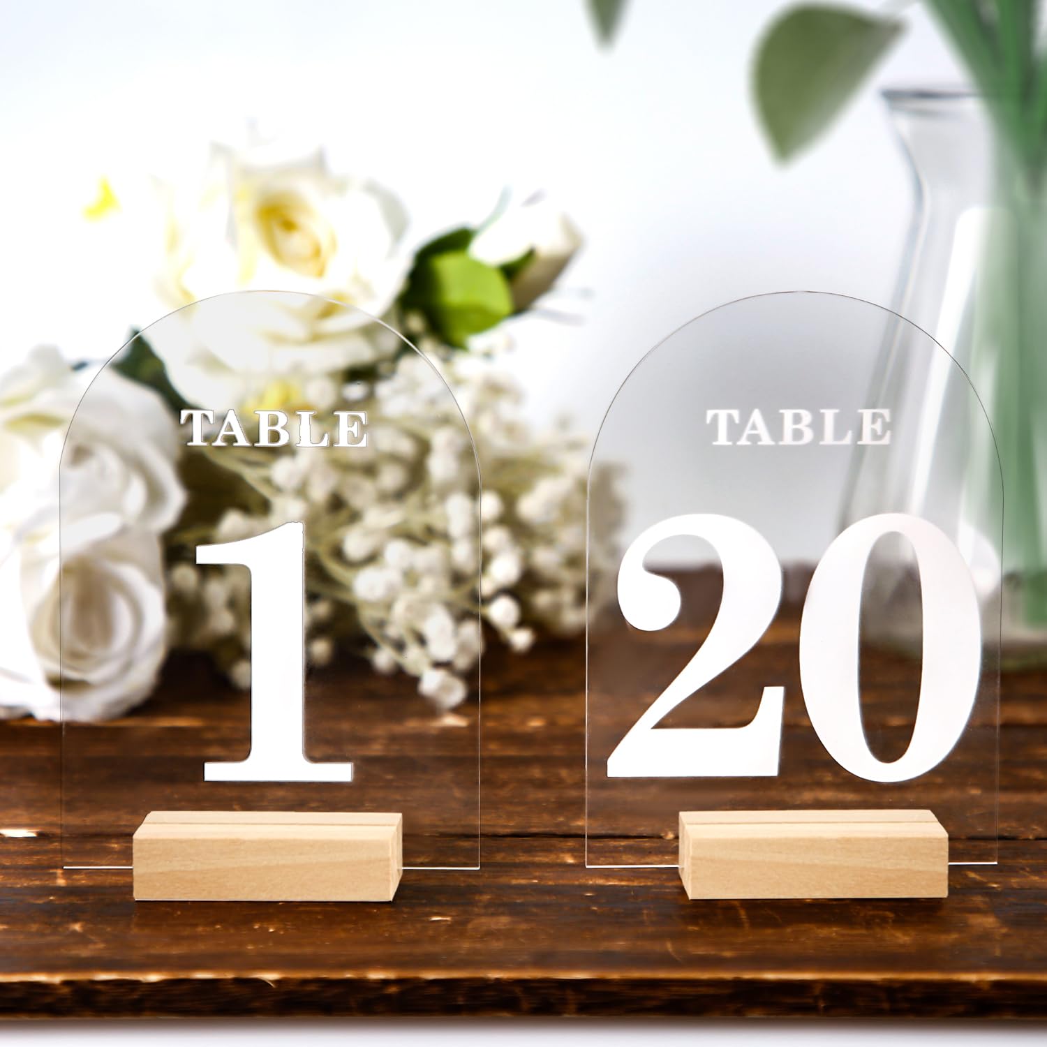 20pcs Acrylic Wedding Table Numbers with Stands, Acrylic Arch Table Numbers 1-20 White Printed Clear Table Numbers with Wood Bases for Wedding Reception Event Party Birthday Decoration