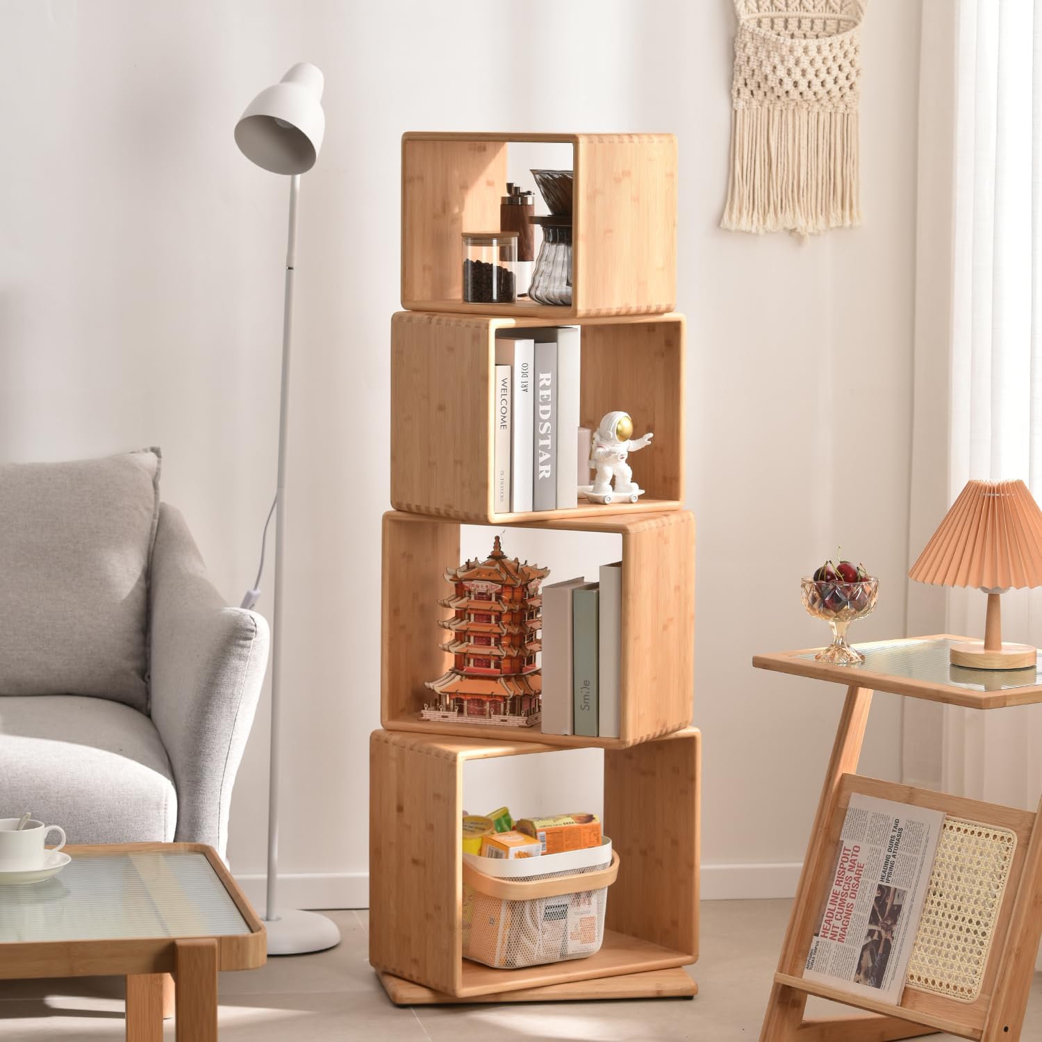 4-Tier Modern Rotating Bamboo Bookcase, DIY Free-Standing Bookshelf Large Capacity Creative Open Book Cabinet, 2 in 1 Nightstand Storage Organizer Lattice Shelf for Home, Office, Living Room, 4-Cube