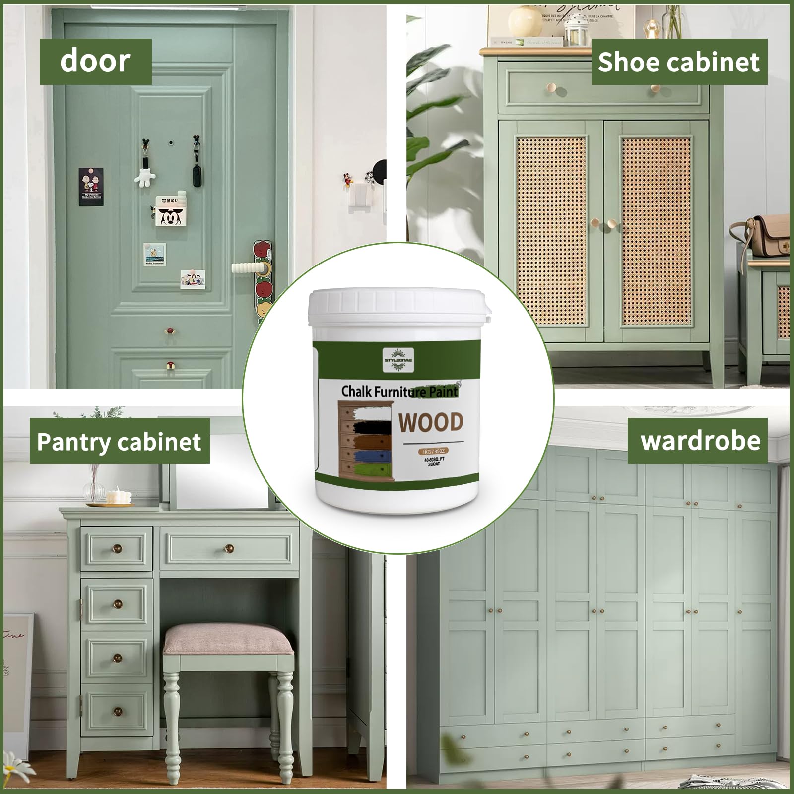 styleonme Waterbased Wood Paint Sage Green, Repair Kit Paint Household Self Brushing Paint, Furniture Renovation, Wood Door Paint Color Change, Furniture Paint (1kg/35oz, 50-80sq.ft, with tools)