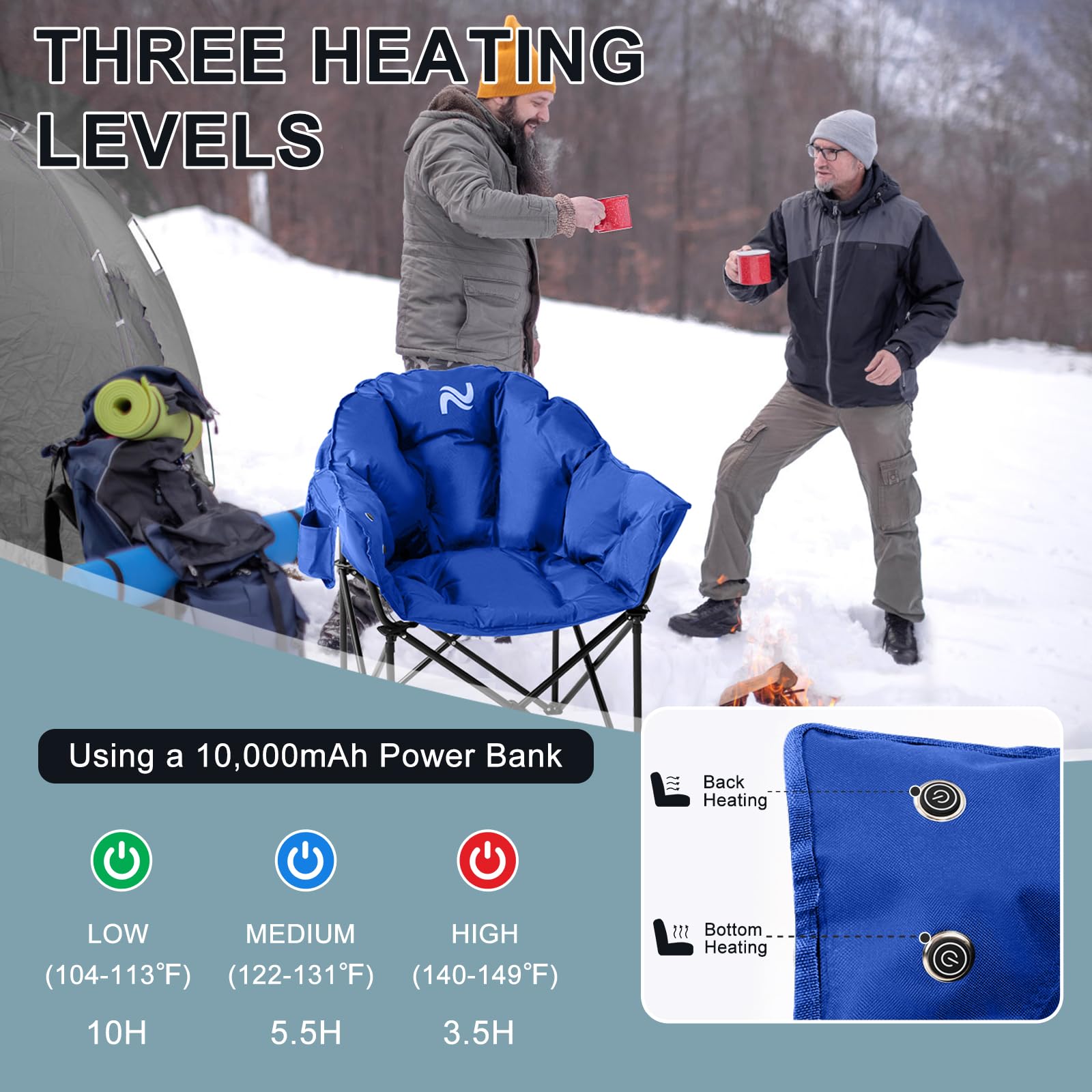 MOPHOTO Heated Camping Chair, Portable Heated Camping Chairs Outdoor, Padded Oversized Heated Folding Chairs Outdoor Sports, Heating Lawn Chair Patio Lounge Chairs for Adults