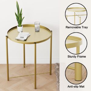 Fixwal Metal Side Table, Gold End Table for Small Spaces, Round Accent Side Table with Removable Tray for Living Room, Coffee Table for Bedroom Balcony and Office