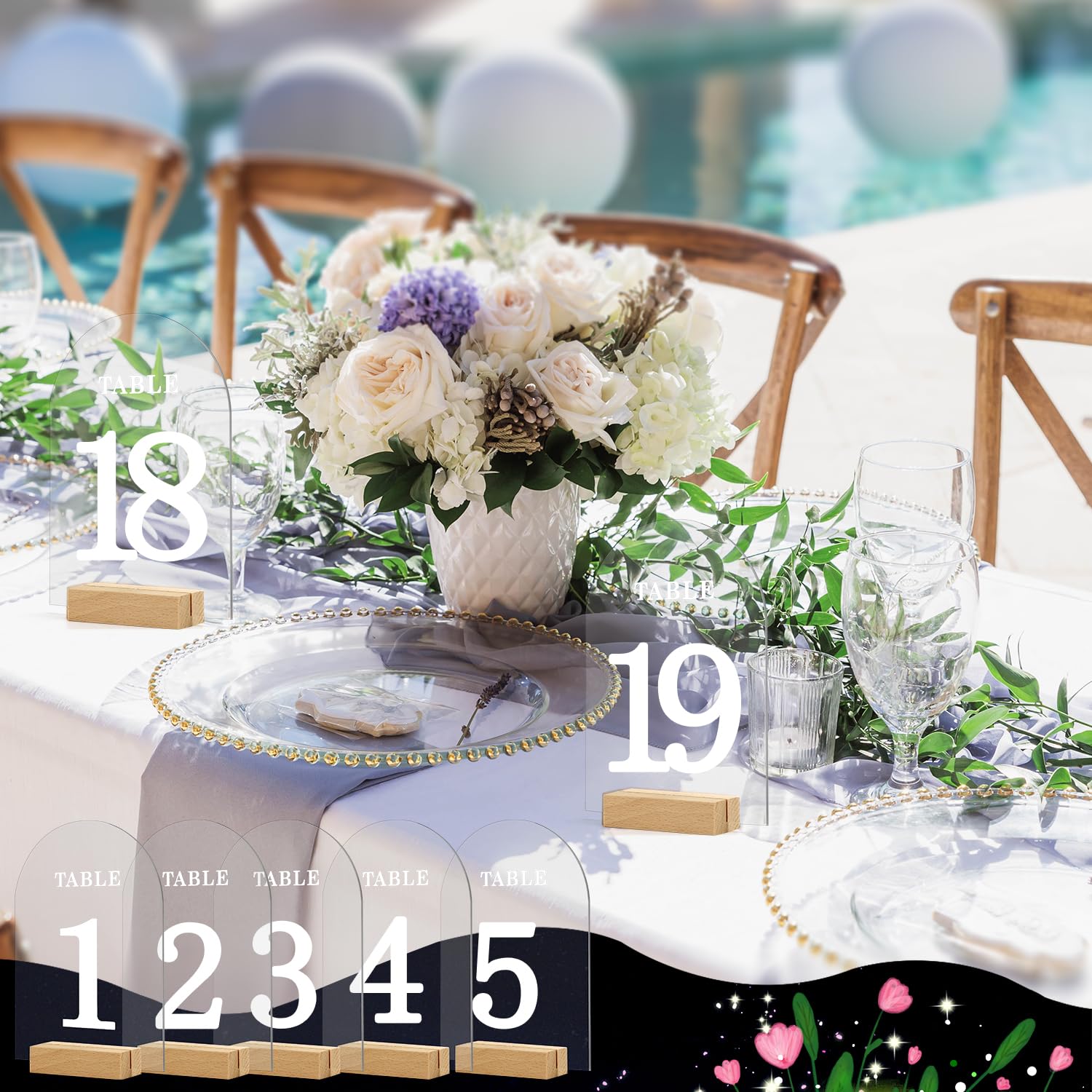 20pcs Acrylic Wedding Table Numbers with Stands, Acrylic Arch Table Numbers 1-20 White Printed Clear Table Numbers with Wood Bases for Wedding Reception Event Party Birthday Decoration