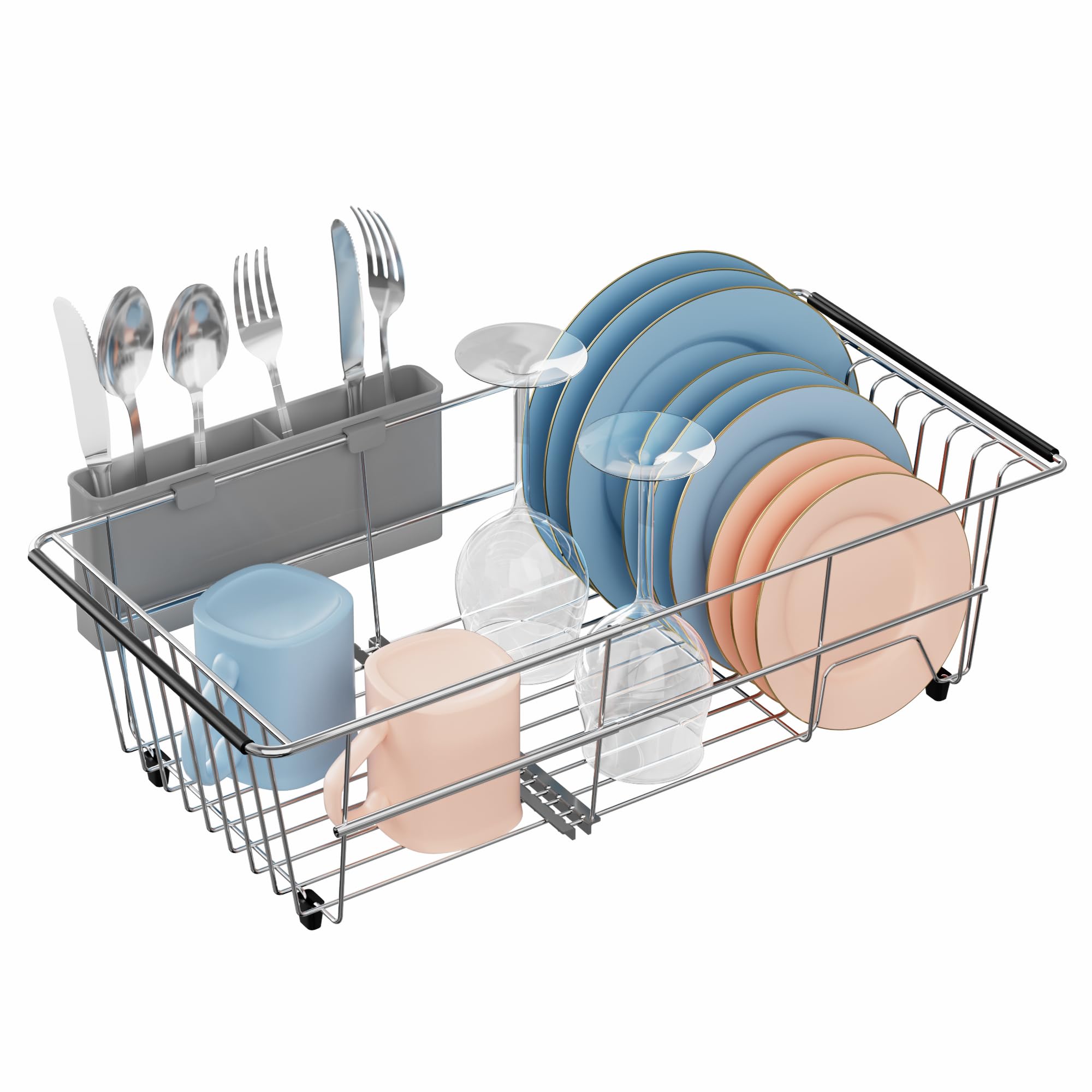 iPEGTOP Expandable Over Sink Dish Drying Rack, Multifunctional Adjustable (14"-18.5") Dish Drainer Organizer Shelf Rustproof Stainless with Grey Utensil Holder for Kitchen Counter