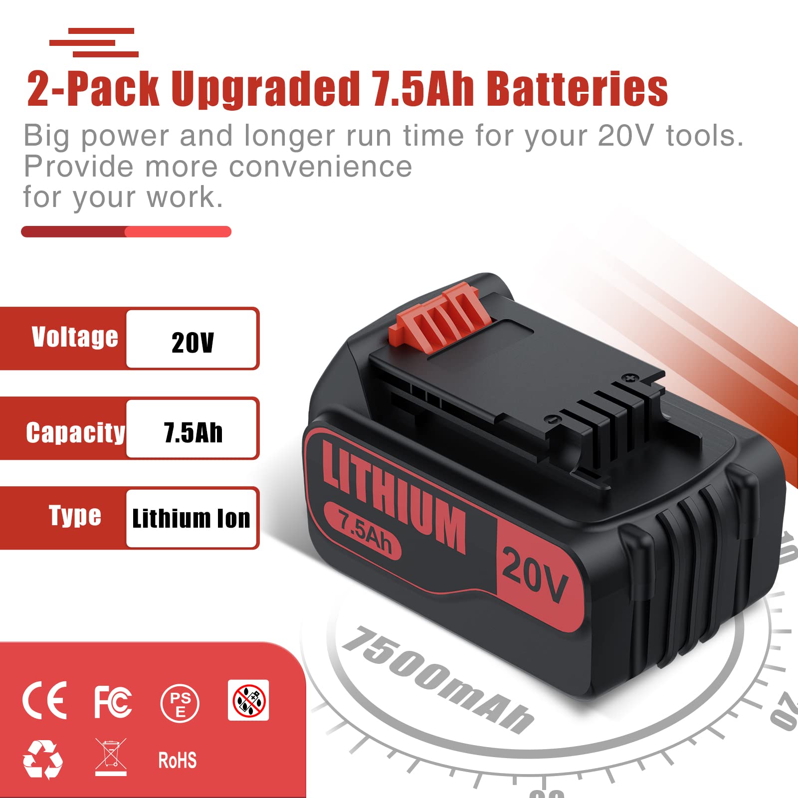 7.5Ah Replacement for Black and Decker 20V Lithium Battery Compatible for Black Decker 20V Battery LBXR20 LBX20 LB20 LB2X4020-OPE LBXR20B-2 LST300 LST220 2Packs