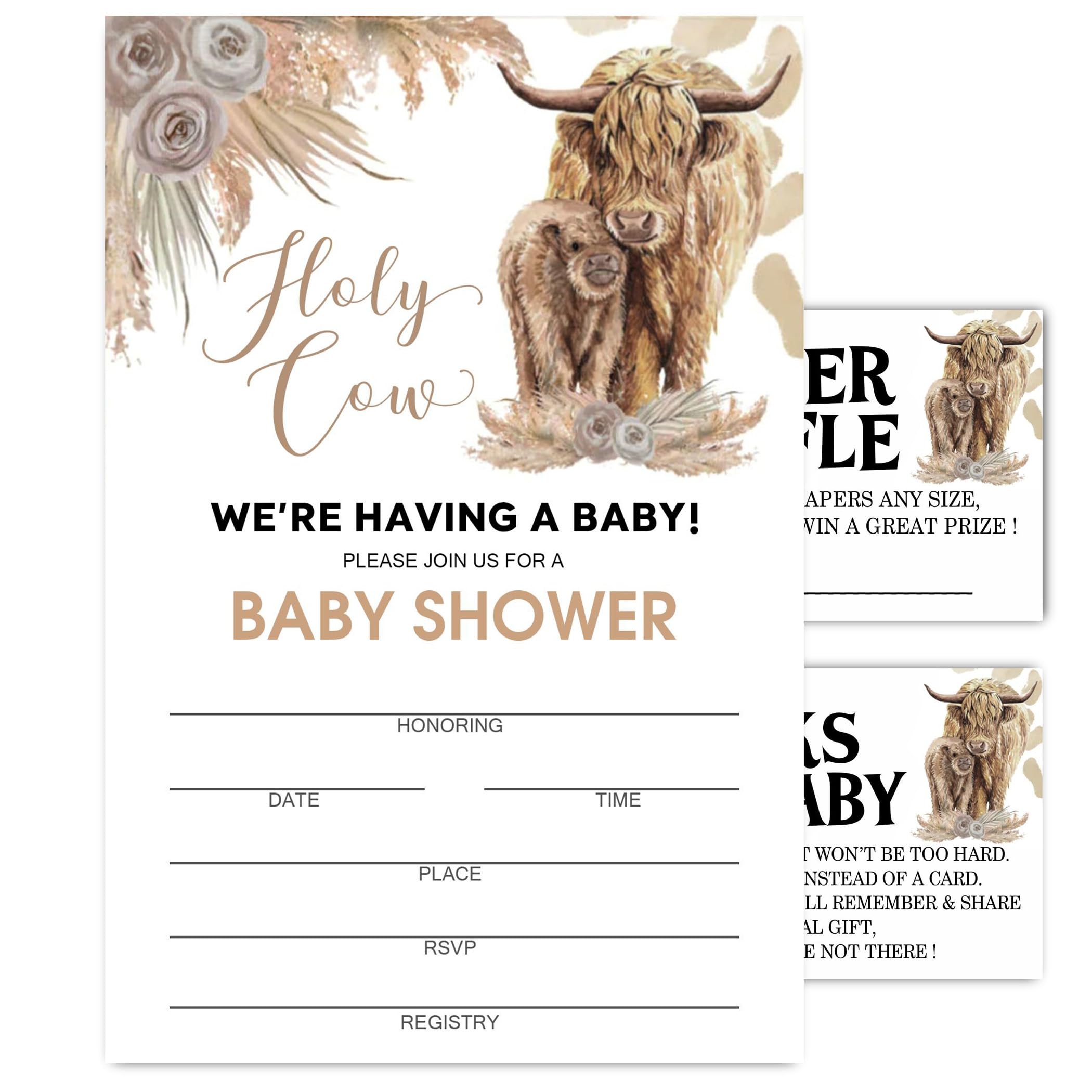 Moonle Baby Shower Invitations with Envelopes, Diaper Raffle Tickets and Baby Shower Book Request Cards, Boho Highland Cow theme babyshower party supplies, Set of 25, Brown