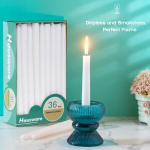 Hausware 36 Pack White Taper Candles, 8 Hour Burn Time,Unscented Dripless and Smokeless, 10 inch Elegant Premium Quality Dinner Candle for Home Décor, Restaurant, Wedding, Party Candlesticks