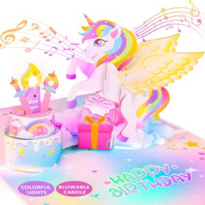 fitmite birthday card with light&music,unicorn 3d pop up greeting cards with blowable candle birthday gifts for women girls daughter sister kids-with 0-9 diy number