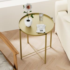 Fixwal Metal Side Table, Gold End Table for Small Spaces, Round Accent Side Table with Removable Tray for Living Room, Coffee Table for Bedroom Balcony and Office