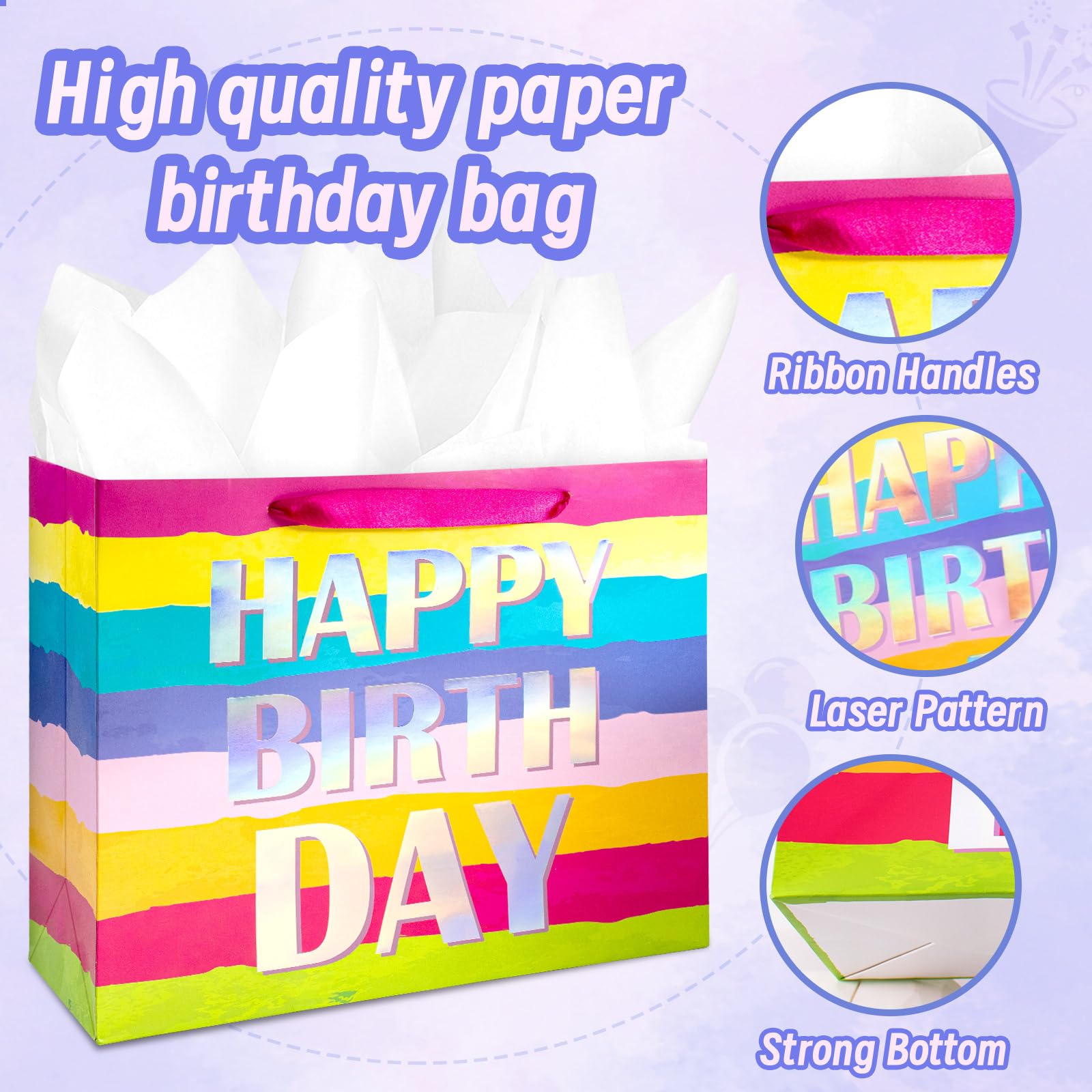 HAPMARS 13" Large Happy Birthday Gift Bag for Kids Girls Women, Colorful Birthday Party Bag with Tissue Paper & Greeting Card, Rainbow Pretty Present Bag Gift Bags