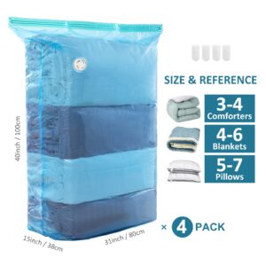 LEVERLOC Vacuum Storage Bags 4 Pack Blue Space Saver Bags, Jumbo Cube 31x40x15 inch, Large Vacuum Sealer Bags For Beddings Blankets Comforters Quilts Duvets Pillows, Closet Organizers and Storage