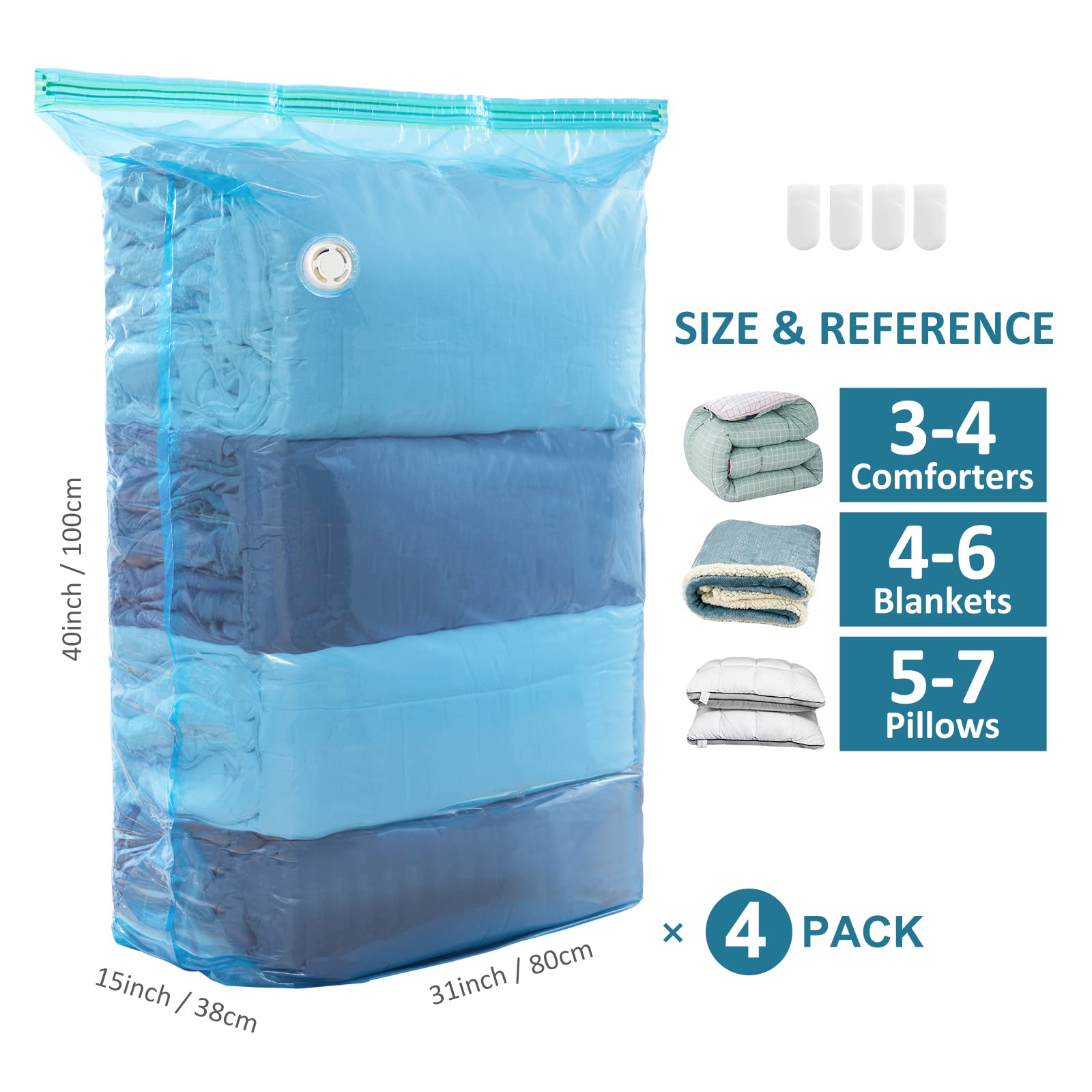 LEVERLOC Vacuum Storage Bags 4 Pack Blue Space Saver Bags, Jumbo Cube 31x40x15 inch, Large Vacuum Sealer Bags For Beddings Blankets Comforters Quilts Duvets Pillows, Closet Organizers and Storage