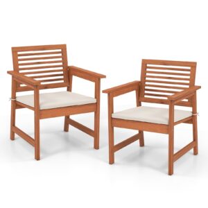 tangkula outdoor dining chairs set of 2, weather-resistant heavy duty slatted wood patio chairs with soft padded cushions, for deck, garden, poolside, balcony (2, off white)