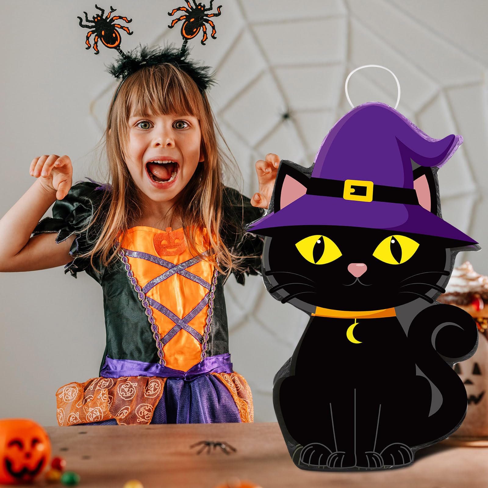 Aoriher Halloween Piñata Halloween Cat Piñata Spooky Halloween Party Supplies Black Cat Candy Filled Piñata with Stick Blindfold Set for Birthday Halloween Theme Party Decoration