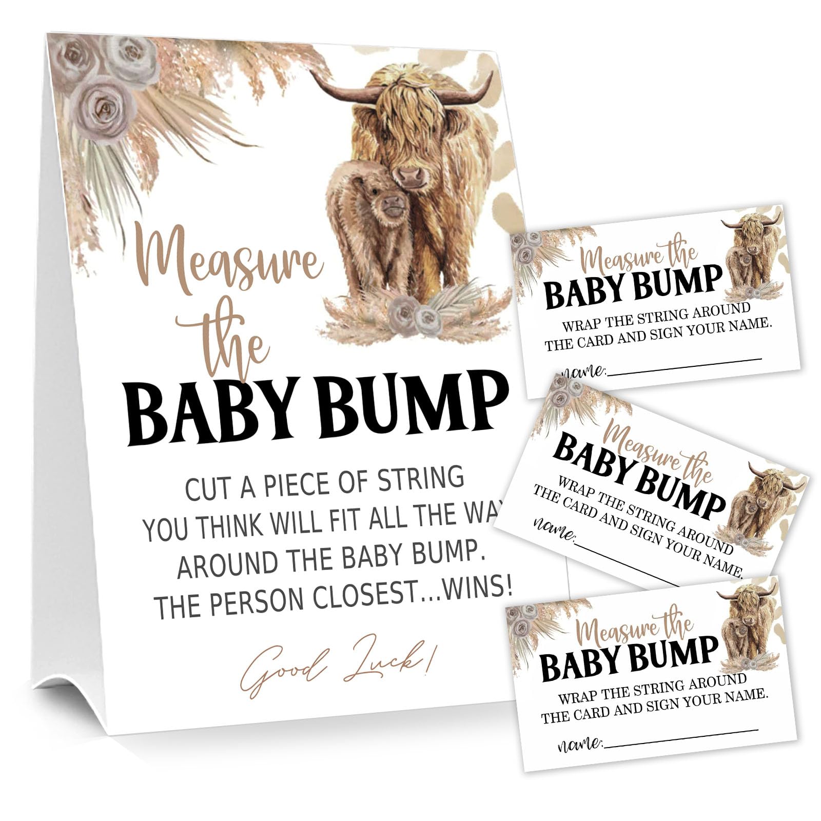 Baby Shower Games Measure the Baby Bump Sign, How Big is Mommy's Belly Party Favors Supplies, 5x7 Inch Kraft Standing Sign and 50 Guessing Cards, Holy Cow, Boho Highland Cow