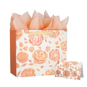 decorwoo 13" rose gold large gift bag with card and tissue paper, foil flowers gift bag for birthdays, bridal showers, mothers day, anniversaries, weddings