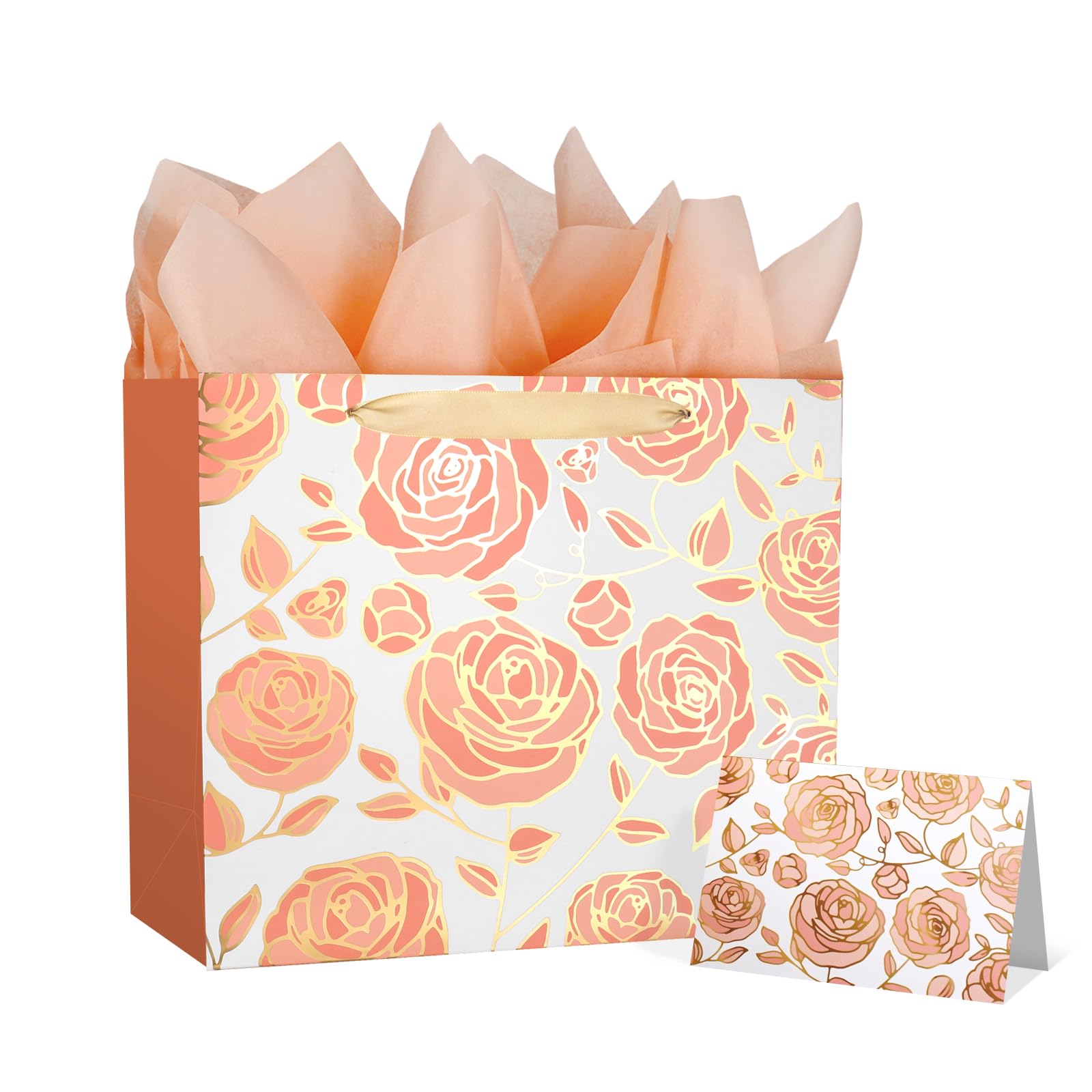 DecorWoo 13" Rose Gold Large Gift Bag with Card and Tissue Paper, Foil Flowers Gift Bag for Birthdays, Bridal Showers, Mothers day, Anniversaries, Weddings