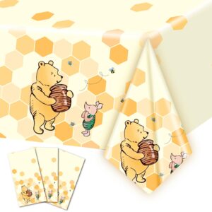 auroraparty 3pcs winnie party tablecloth bear baby shower or birthday party table cover honey plastic rectangle birthday party decoration, 54 x 108 inches