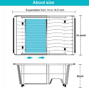 iPEGTOP Expandable Over Sink Dish Drying Rack, Multifunctional Adjustable (14"-18.5") Dish Drainer Organizer Shelf Rustproof Stainless with Grey Utensil Holder for Kitchen Counter