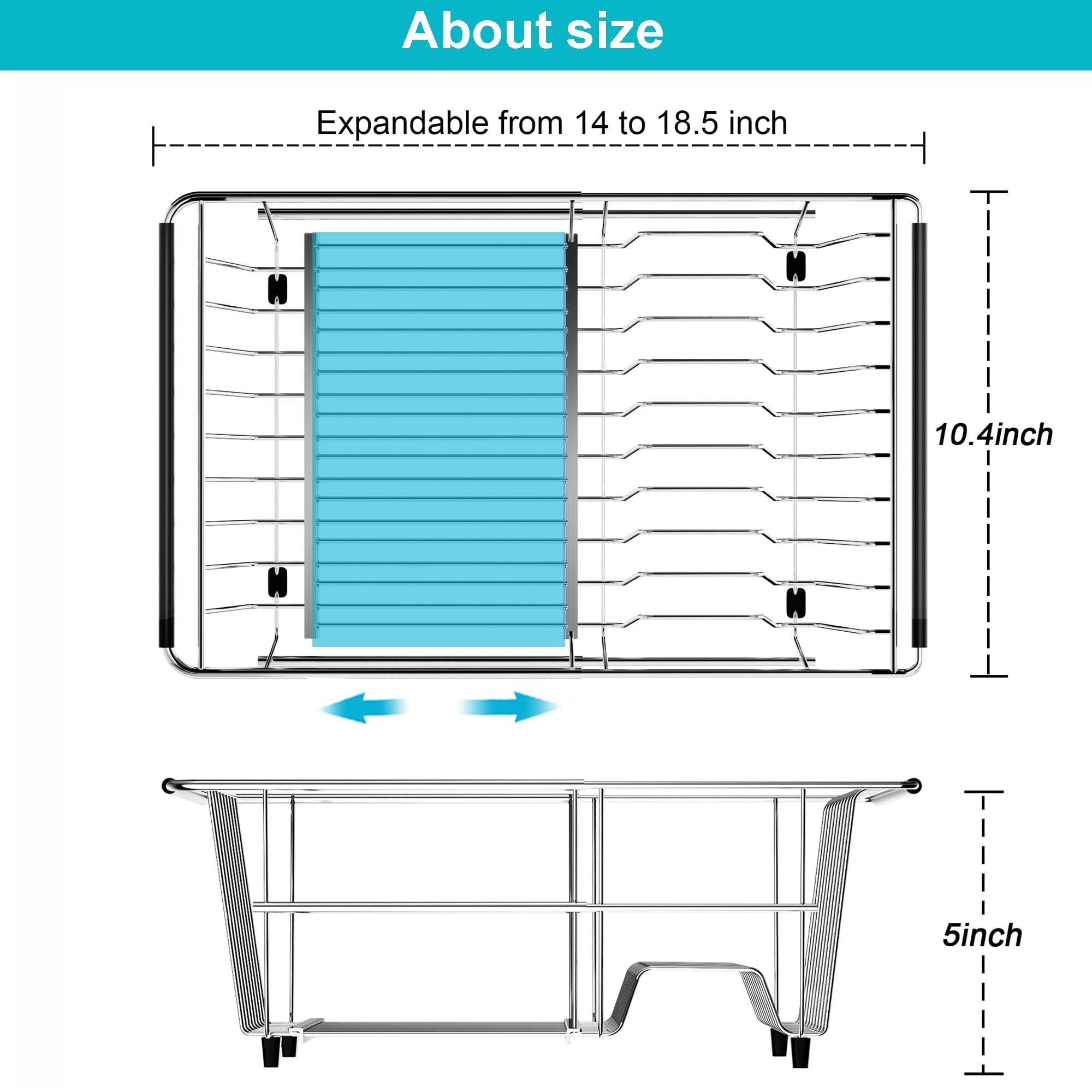 iPEGTOP Expandable Over Sink Dish Drying Rack, Multifunctional Adjustable (14"-18.5") Dish Drainer Organizer Shelf Rustproof Stainless with Grey Utensil Holder for Kitchen Counter