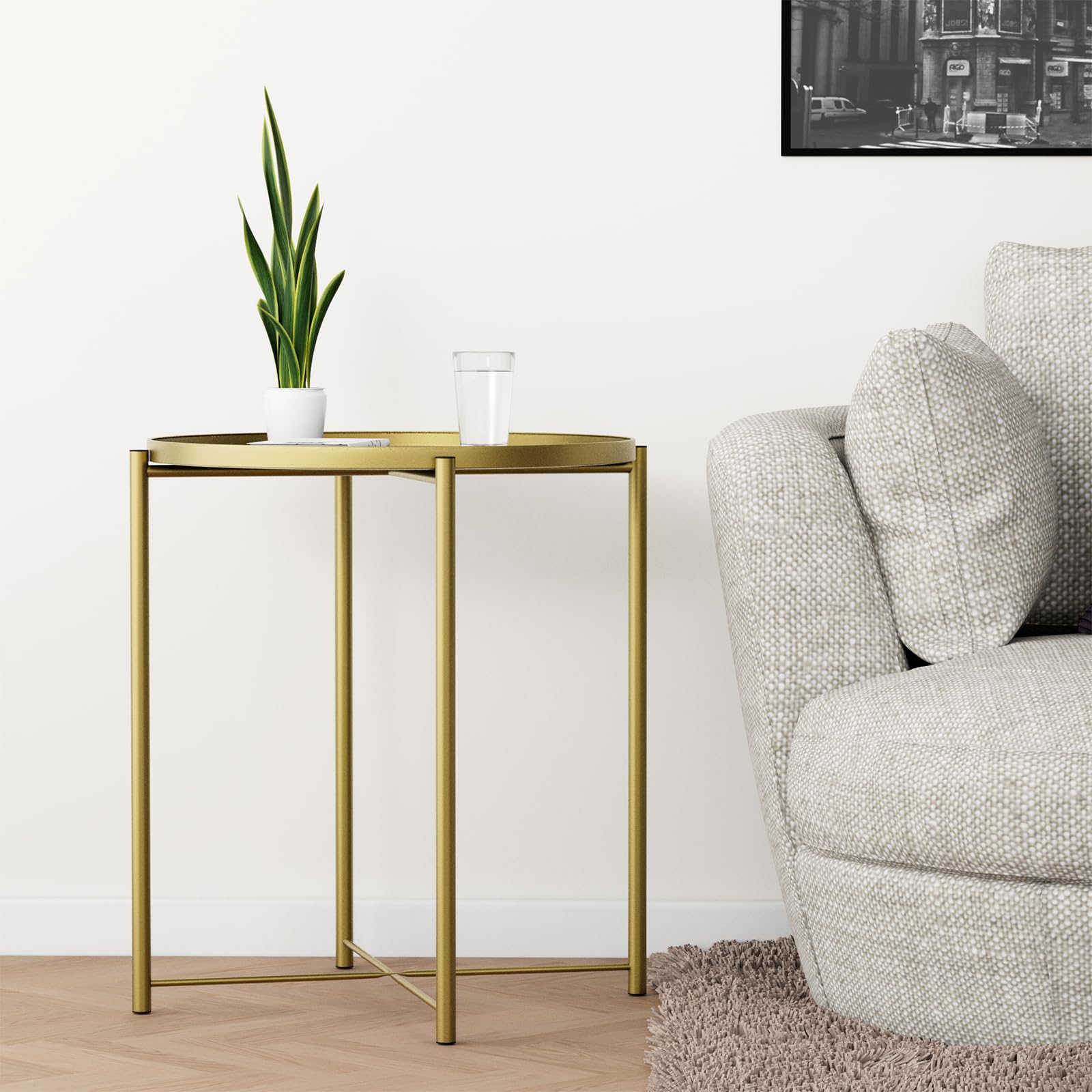 Fixwal Metal Side Table, Gold End Table for Small Spaces, Round Accent Side Table with Removable Tray for Living Room, Coffee Table for Bedroom Balcony and Office