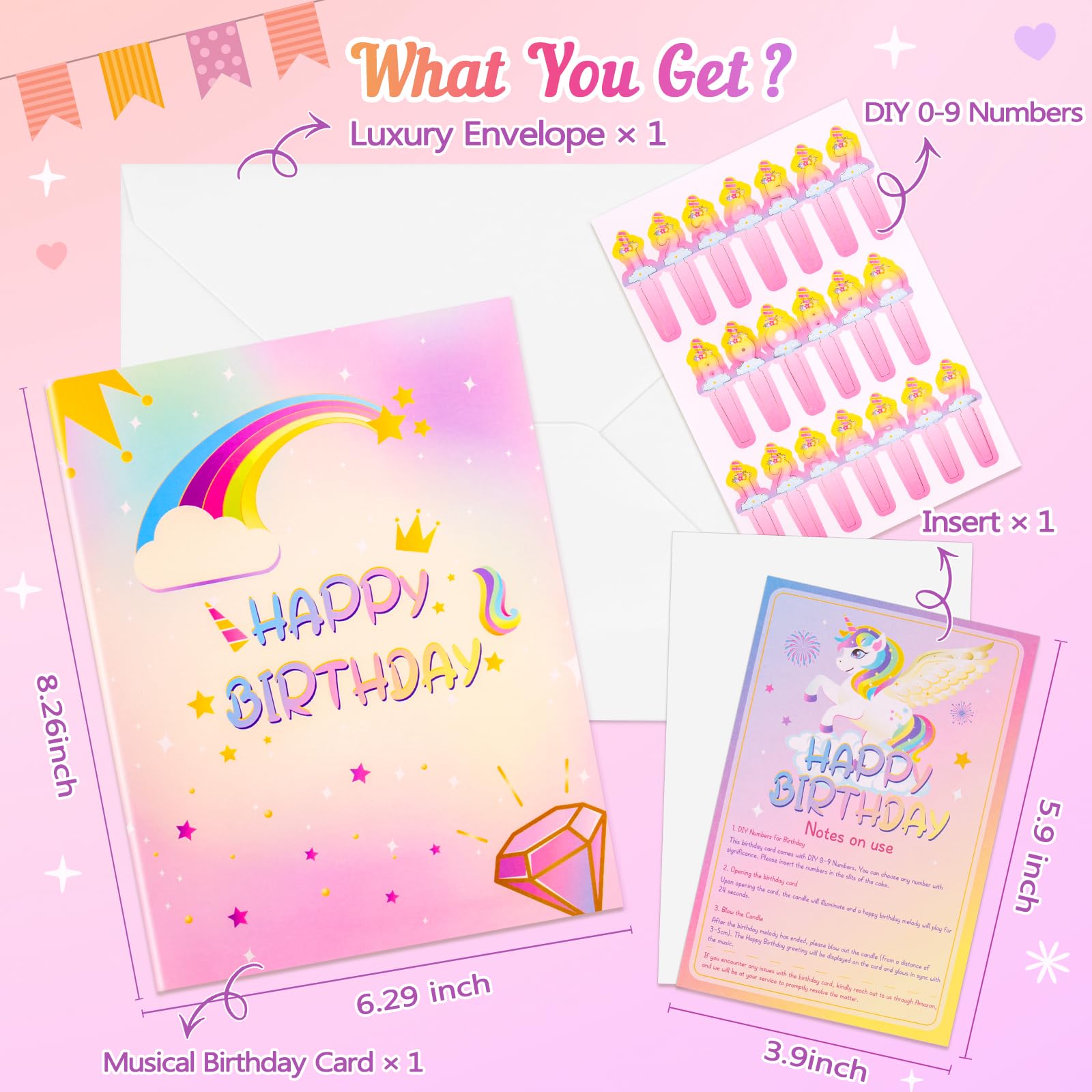 FITMITE Birthday Card with Light&Music,Unicorn 3D Pop up Greeting Cards with Blowable Candle Birthday Gifts for Women Girls Daughter Sister Kids-With 0-9 DIY Number