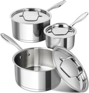 michelangelo stainless steel saucepan set with stainless lids, tri-ply bottom sauce pan with lid, sauce pot set 1qt & 2qt &3qt, nonstick saucepan, dishwasher safe