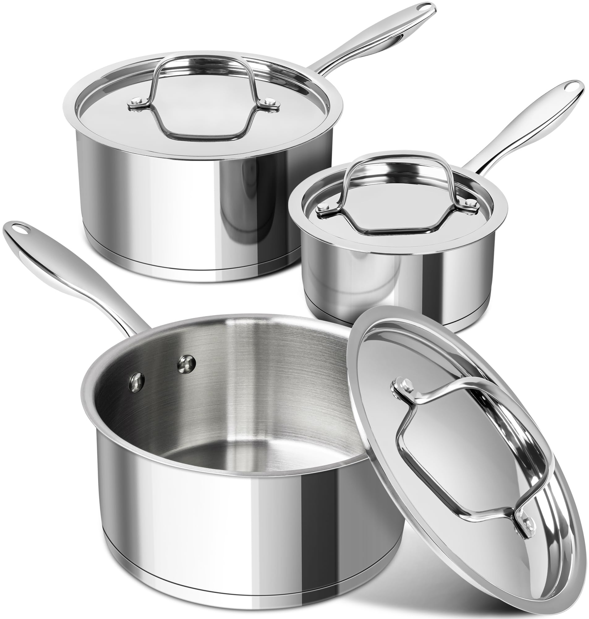 MICHELANGELO Stainless Steel Saucepan Set with Stainless Lids, Tri-Ply Bottom Sauce Pan with Lid, Sauce Pot Set 1QT & 2QT &3QT, Nonstick Saucepan, Dishwasher Safe