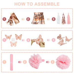 Rose Gold Birthday Party Decorations Kit for Women Girls, Foil Confetti Rose Gold Balloon Pink Happy Birthday Banner Fringe Curtains Butterfly Decor Circle Dots Tassels Pom Supplies 30th 40th 50th Her