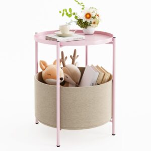 fixwal round side table, bedside table, pink nightstand, metal side table with fabric storage basket, small end table with removable tray, dresser for kids bedroom, nursery, laundry