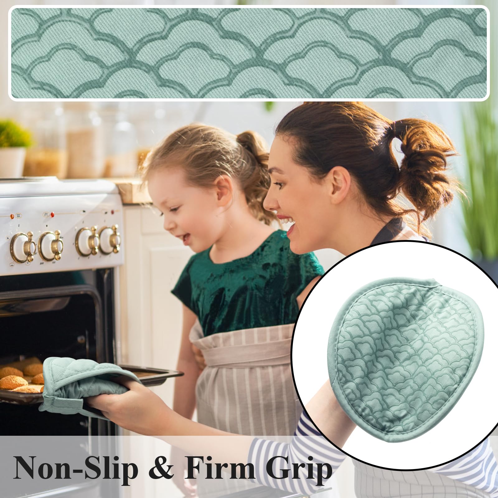 Tuff4ever Pot Holders Oven Mitts 2-in-1 with Non-Slip Silicone Grip, Heat Resistant Hot Pads for Kitchen Baking Cooking 8 Inches 2 Pcs - Green