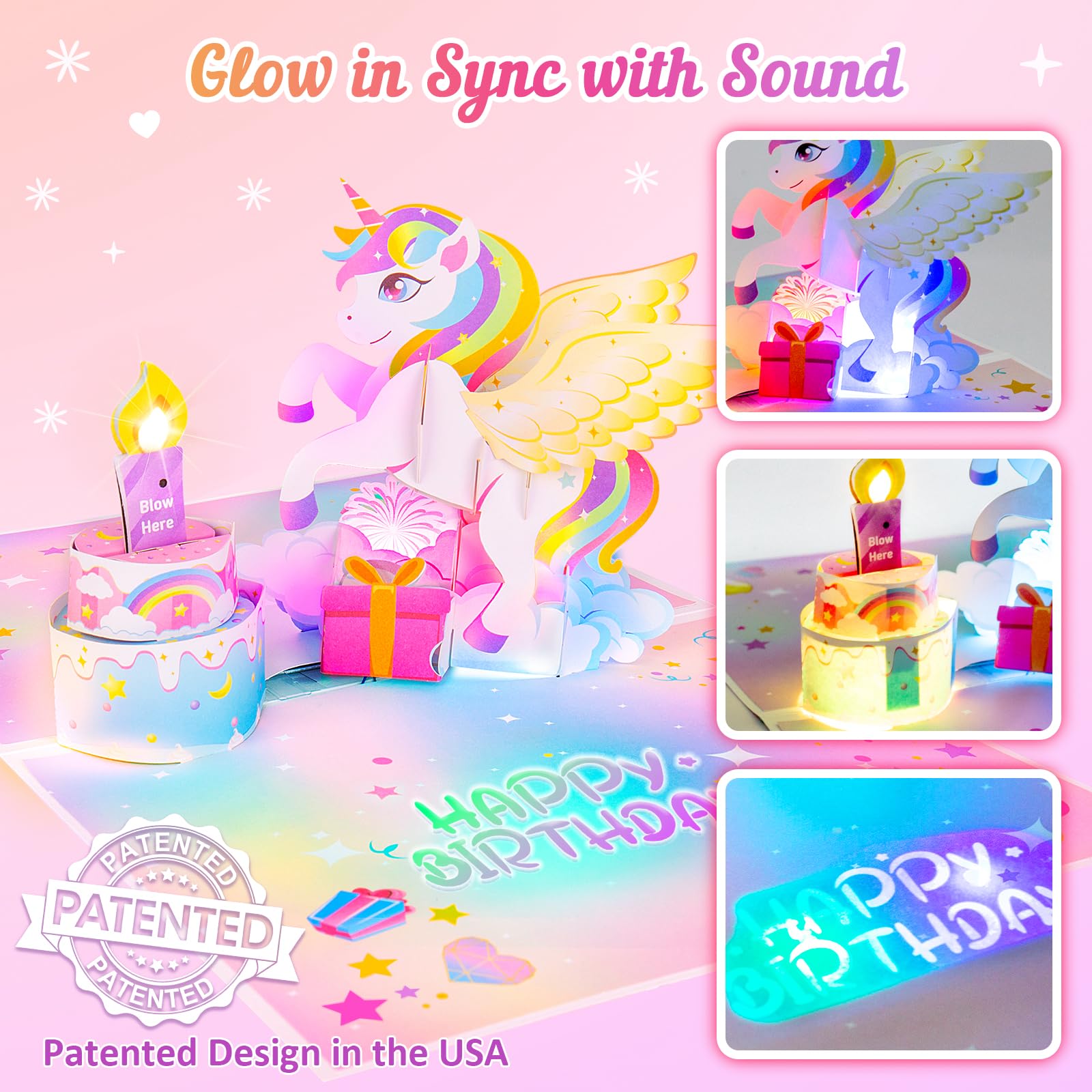 FITMITE Birthday Card with Light&Music,Unicorn 3D Pop up Greeting Cards with Blowable Candle Birthday Gifts for Women Girls Daughter Sister Kids-With 0-9 DIY Number