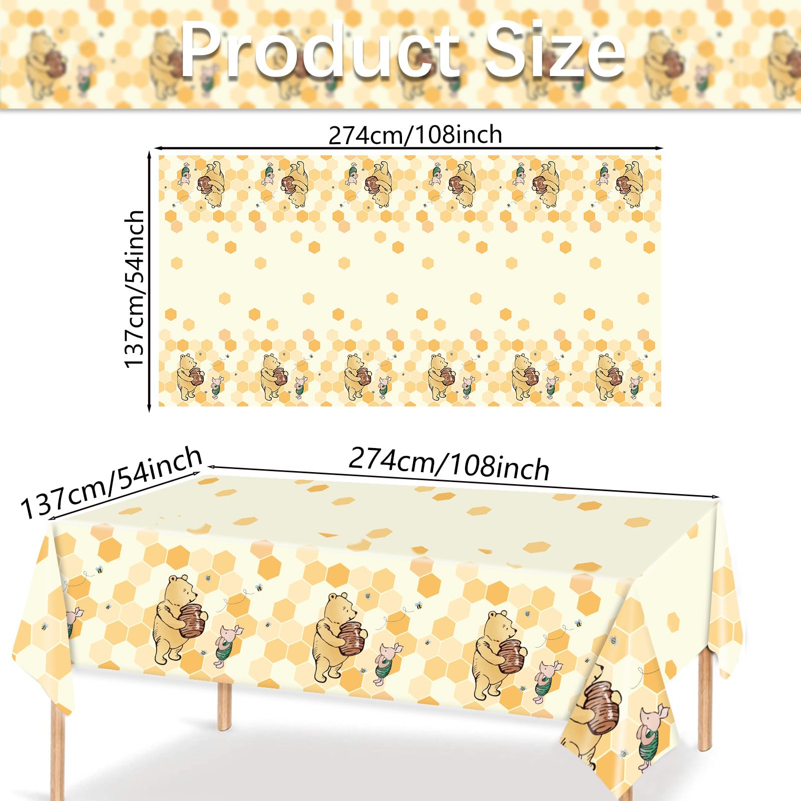 AURORAPARTY 3pcs Winnie Party Tablecloth Bear Baby Shower or Birthday Party Table Cover Honey Plastic Rectangle Birthday Party Decoration, 54 x 108 Inches