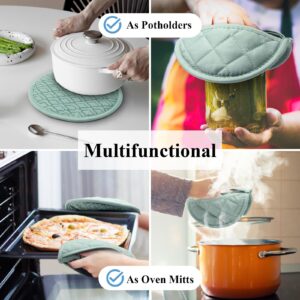 Tuff4ever Pot Holders Oven Mitts 2-in-1 with Non-Slip Silicone Grip, Heat Resistant Hot Pads for Kitchen Baking Cooking 8 Inches 2 Pcs - Green