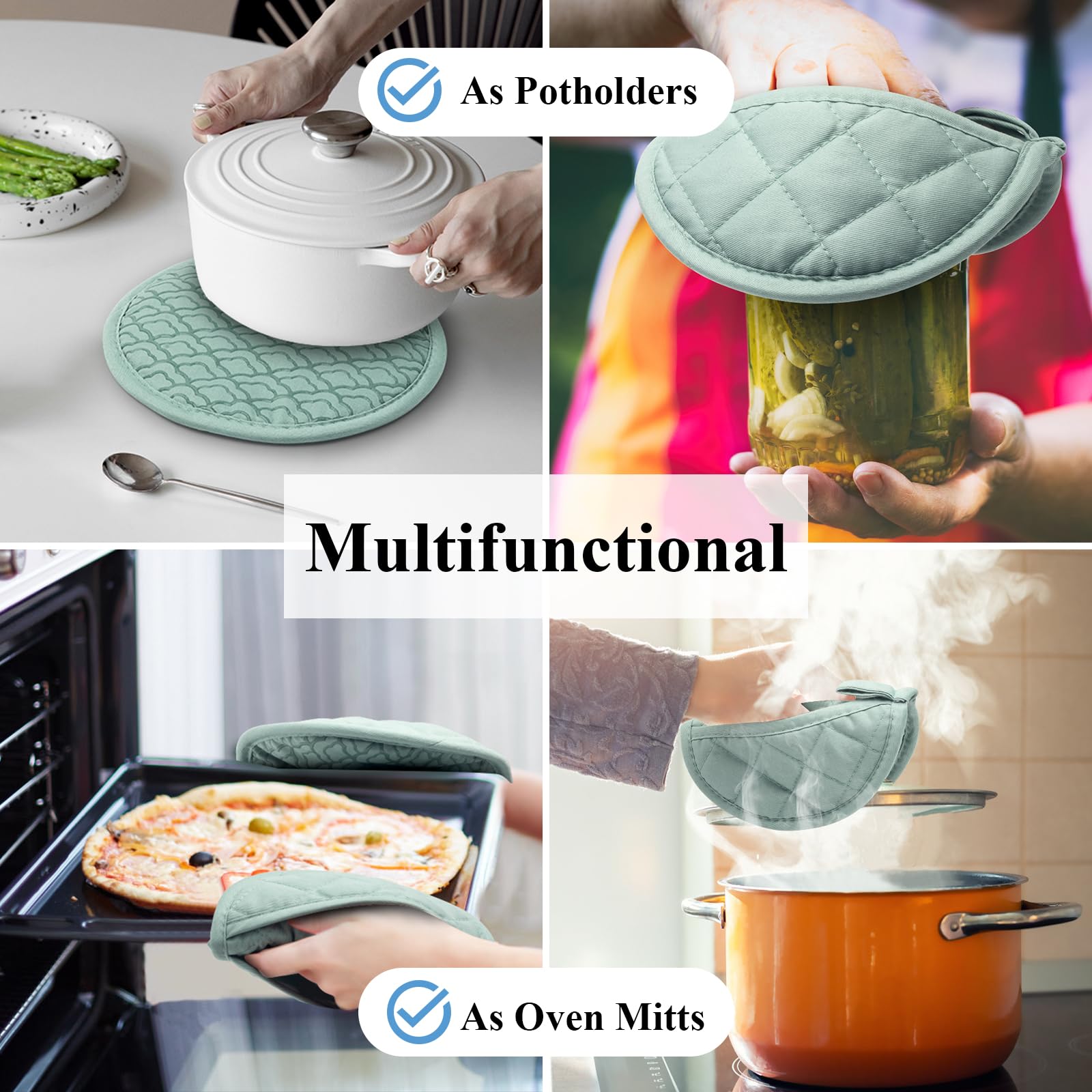 Tuff4ever Pot Holders Oven Mitts 2-in-1 with Non-Slip Silicone Grip, Heat Resistant Hot Pads for Kitchen Baking Cooking 8 Inches 2 Pcs - Green