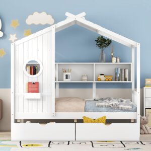 Bellemave Twin Size House Bed with 2 Storage Drawers,Kids Bed with Storage Shelves,Wooden House Bed Frame for Girls,Boys,Can be Decorated,White