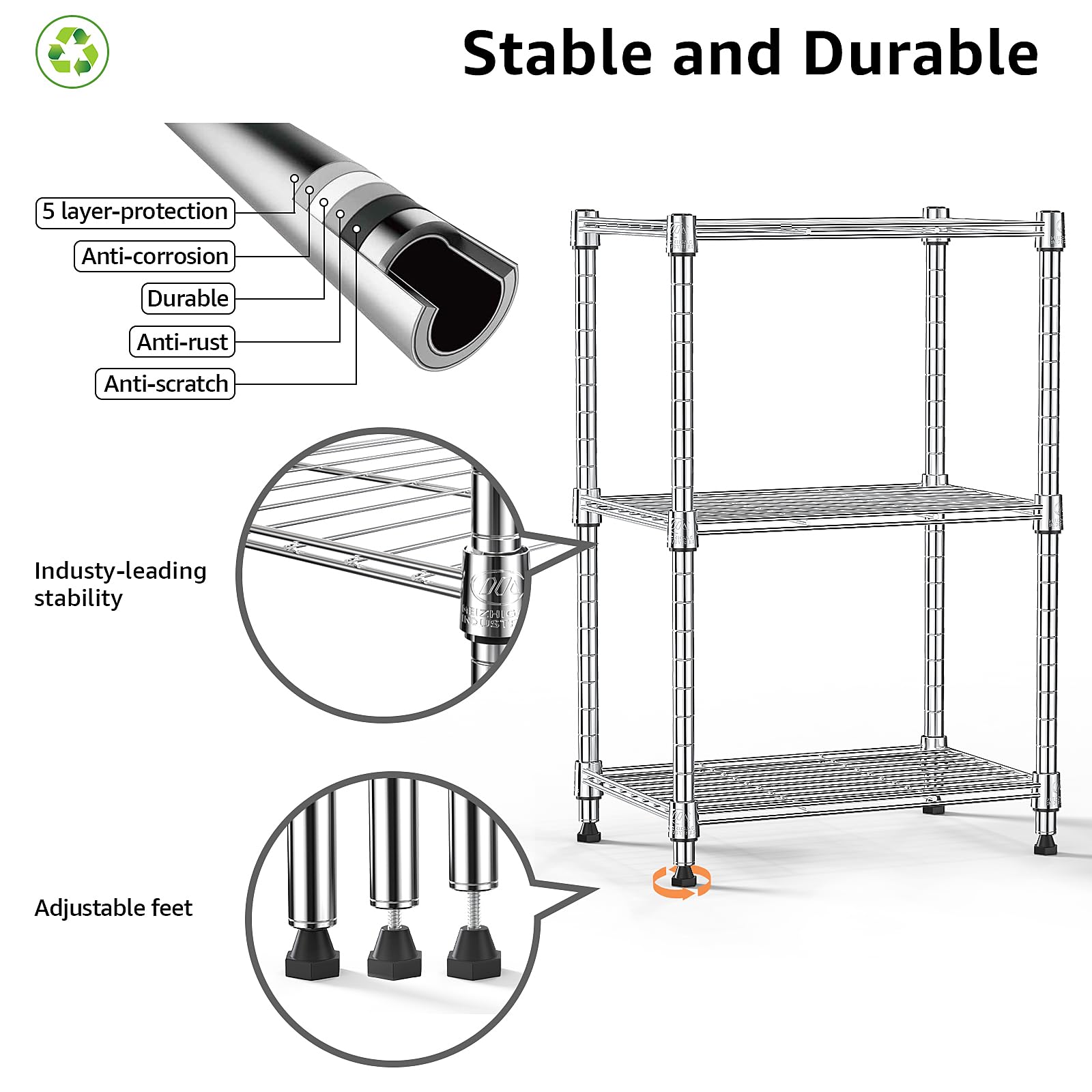 MZG 450 lbs Wire Storage Shelving 3-Tier Utility Shelving Unit Steel Organizer Wire Rack for Home,Kitchen,Office,Chrome(11.8" D x 17.7" W x 26.3" H)