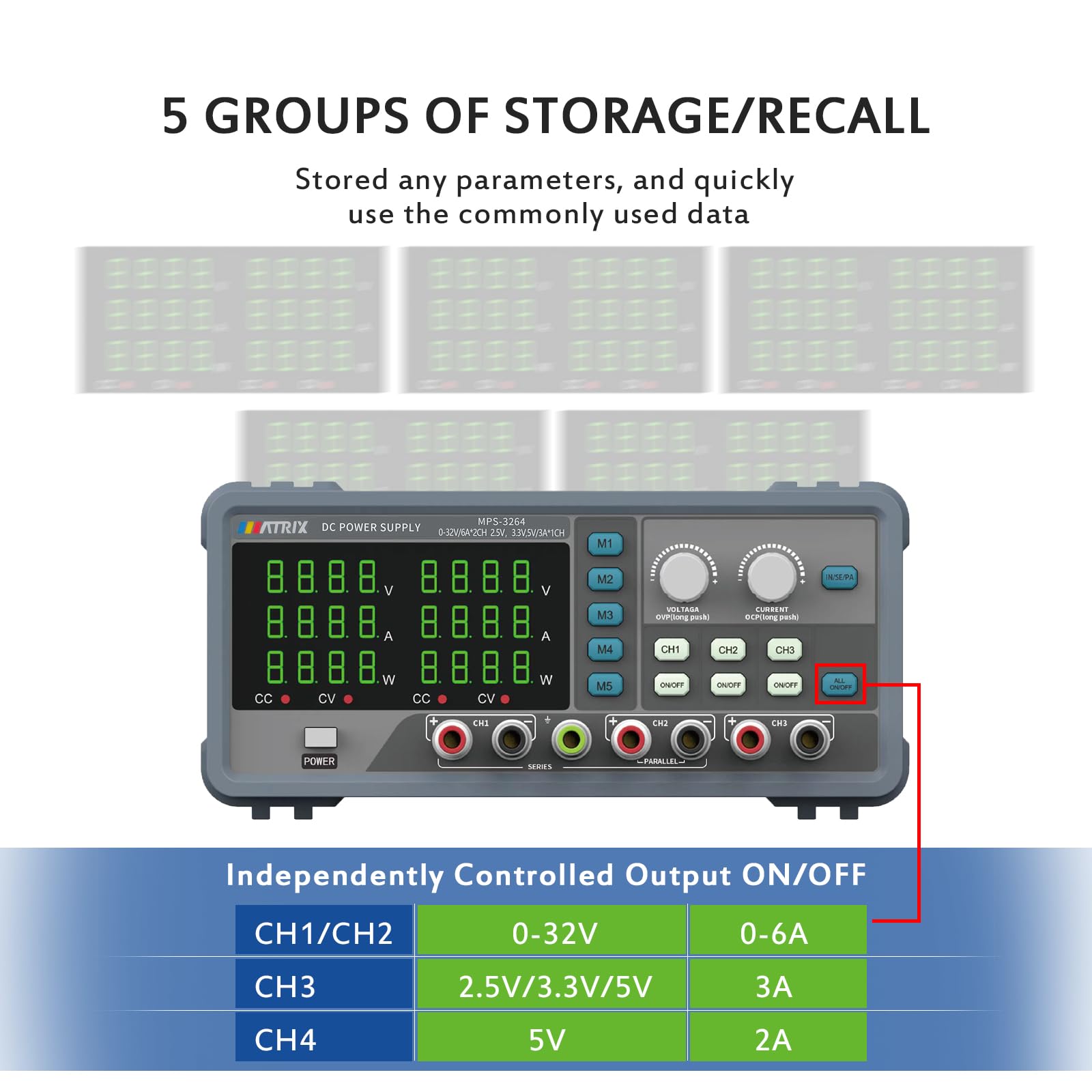 MATRIX DC Power Supply Variable 32V 6A, Adjustable Multi-Channel Power Supply MPS-3264 with One Key Series-Parallel and 5V/2A USB Output, Bench Power Supply with 5 Groups of Storage and Encoder Knob