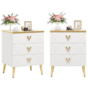 tribesigns 3-drawer nightstand set of 2, luxury bedside table end table with storage drawers and golden legs, modern nightstand for bedroom, gold and white