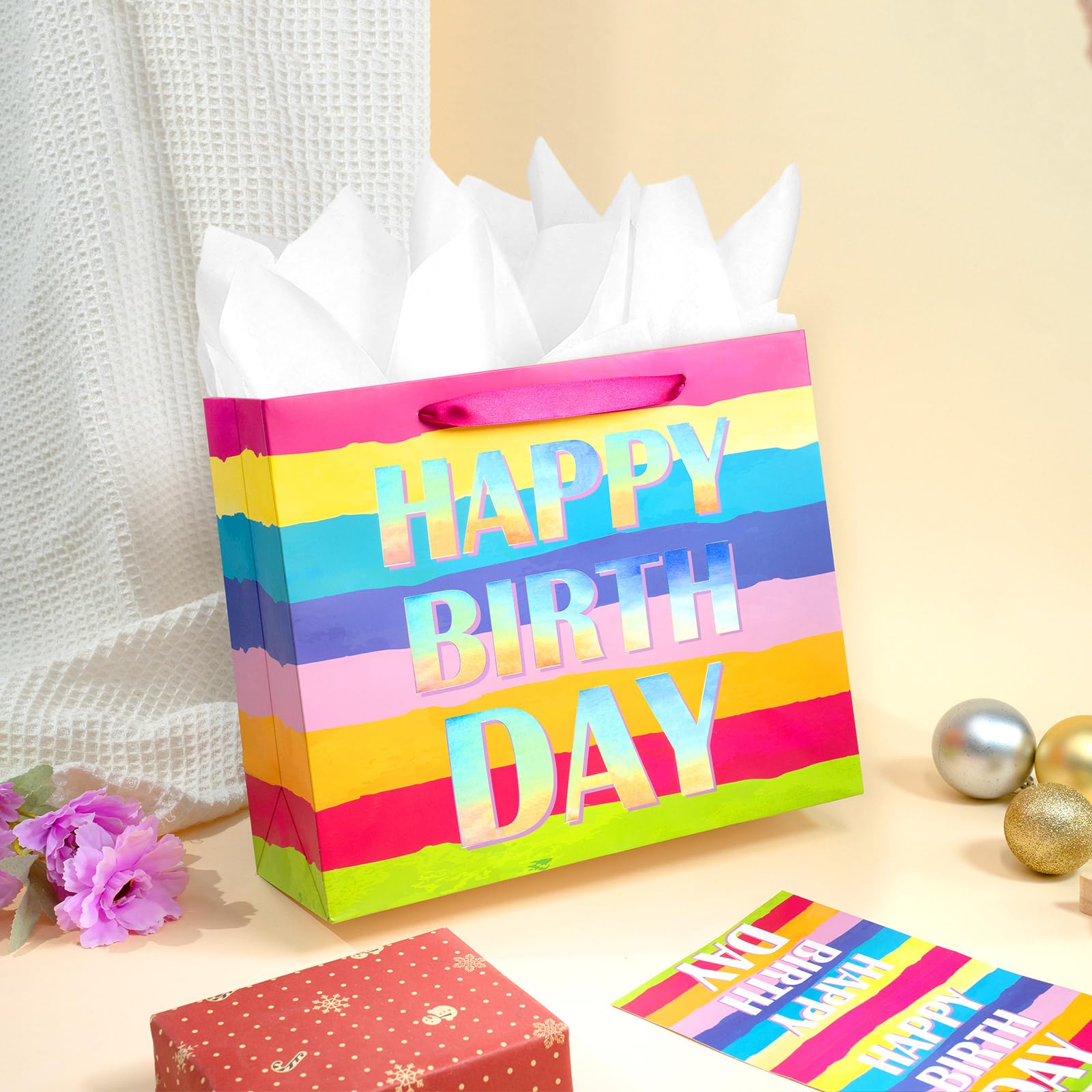 HAPMARS 13" Large Happy Birthday Gift Bag for Kids Girls Women, Colorful Birthday Party Bag with Tissue Paper & Greeting Card, Rainbow Pretty Present Bag Gift Bags