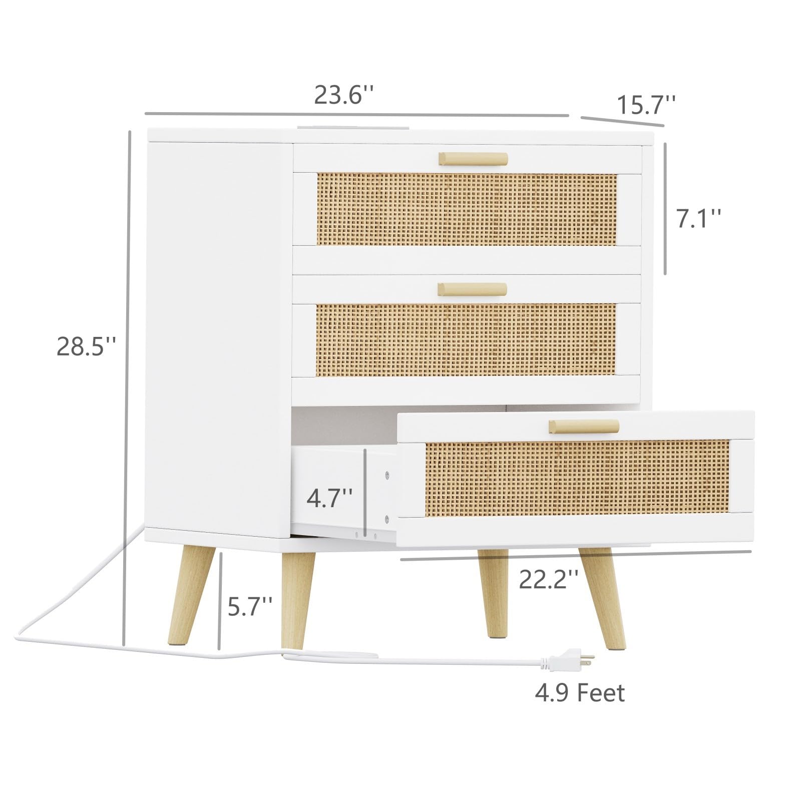 Irontar Rattan Nightstand with Charging Station, Night Stand with Rattan Decorated Drawers, Accent End Table, Bedside Table with Solid Wooden Legs for Bedroom, White and Natural BZZ006WME