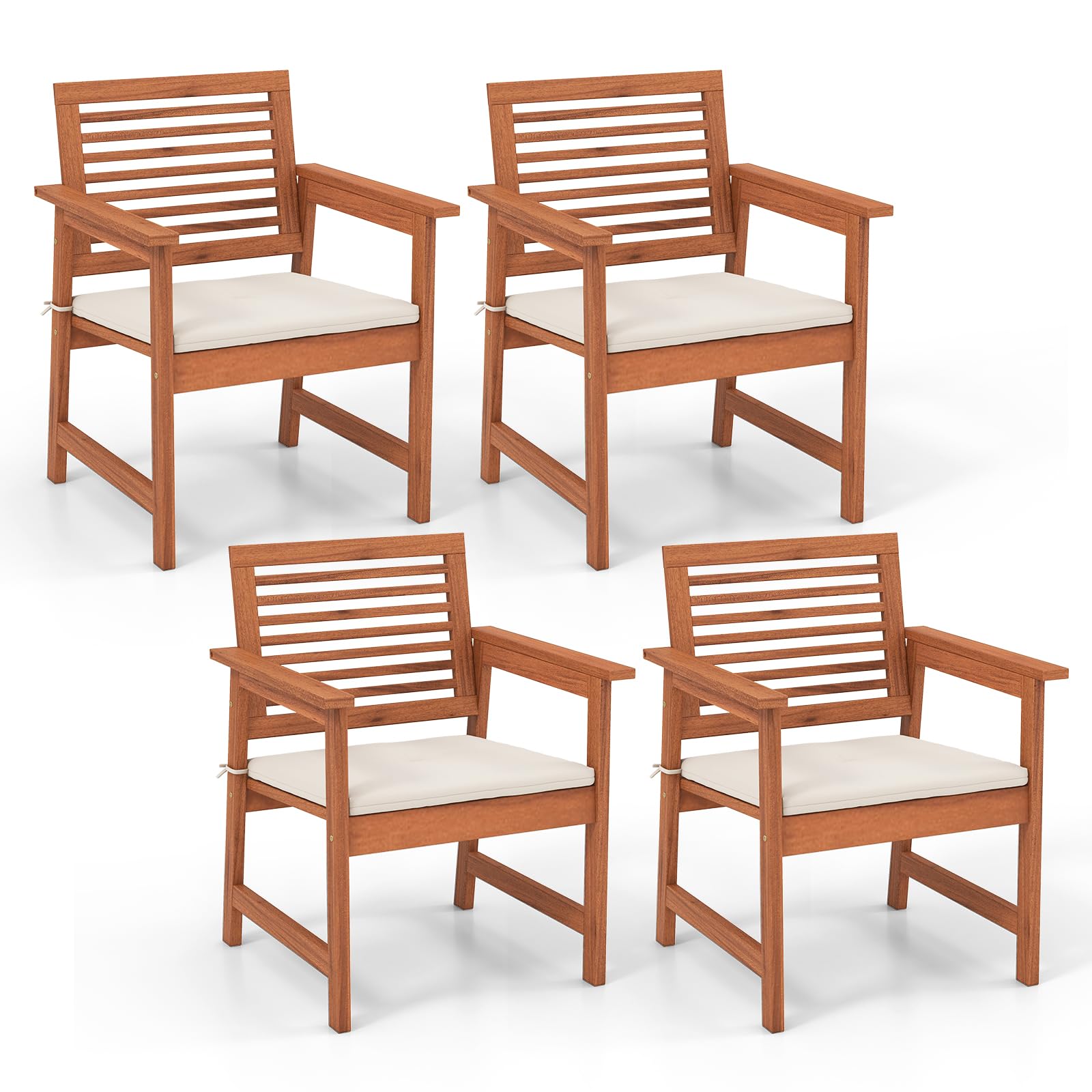 Tangkula Outdoor Dining Chairs Set of 4, Weather-Resistant Heavy Duty Slatted Wood Patio Chairs with Soft Padded Cushions, for Deck, Garden, Poolside, Balcony (4, Off White)