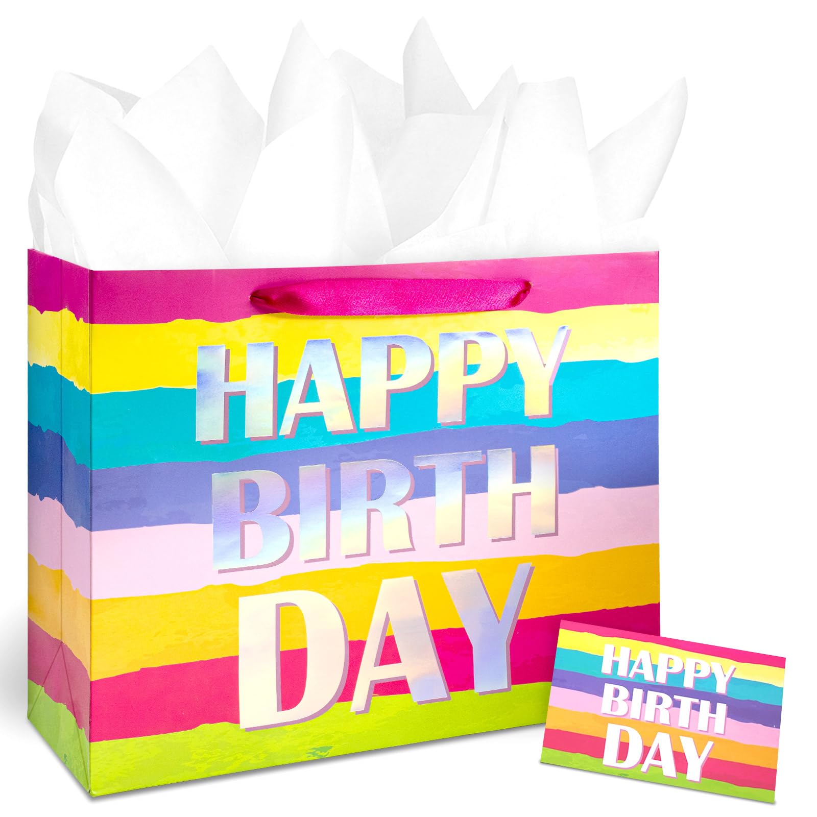 HAPMARS 13" Large Happy Birthday Gift Bag for Kids Girls Women, Colorful Birthday Party Bag with Tissue Paper & Greeting Card, Rainbow Pretty Present Bag Gift Bags