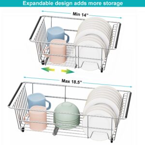 iPEGTOP Expandable Over Sink Dish Drying Rack, Multifunctional Adjustable (14"-18.5") Dish Drainer Organizer Shelf Rustproof Stainless with Grey Utensil Holder for Kitchen Counter