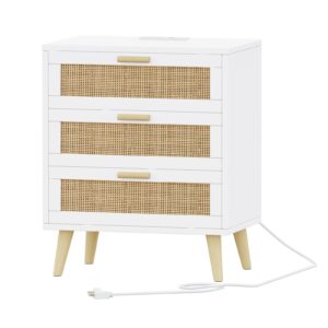 Irontar Rattan Nightstand with Charging Station, Night Stand with Rattan Decorated Drawers, Accent End Table, Bedside Table with Solid Wooden Legs for Bedroom, White and Natural BZZ006WME