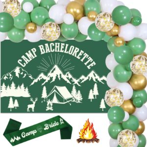 camping bachelorette party decorations, retro sage green balloon garland arch kit backdrop sash, camp bridal shower/wedding/engagement party decor supplies